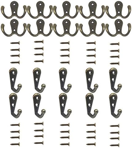 10 Pieces Double Prong Robe Hook and 10 Pieces Single Prong Robe Hook, Retro Cloth Hanger with 40 Pieces Screws (Bronze Color)