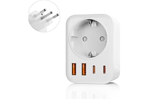 OLIVERIA Włoski adapter podróżny 5 w 1 Włochy z 1 AC i 2 USB-C i 2 USB-A (3,4 A), Włochy 3-pinowe wtyczki podróżne do Chile, Urugwaju, Etiopii, Erytrei, Syrii, wtyczka podróżna typu L