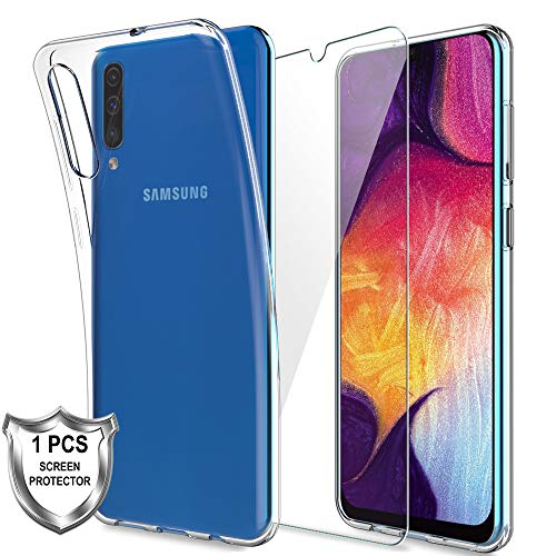 LK Case for Samsung Galaxy A50,[Silicone Gel] Soft Flexible TPU Rubber Slim Protective Case Cover with Screen Protector Tempered Glass[1 Pack] for Samsung Galaxy A50 - Clear
