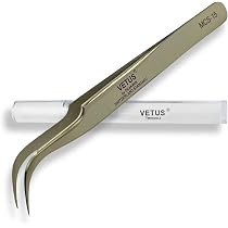 VETUS Wimpernpinzette Für Volumentechnik – Gebogen 45°, Silber, Rostfreier Edelstahl, Mit Box