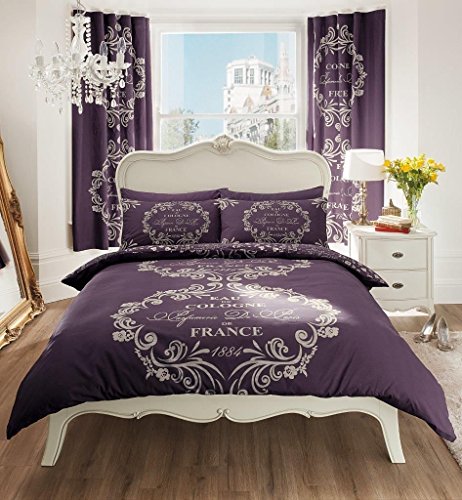Think-Louder New Luxury Modern Paris Script Quilt Cover Duvet with Pillow Cases Purple Aubergine Super King