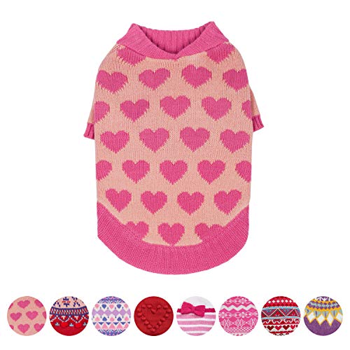 Blueberry Pet Cutie V-Neck Dog Jumper in Shrimp Color with Pink Hearts, Back Length 41cm