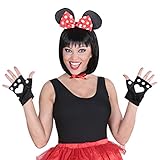 Mauskostüm Set Maus Kostüm 3 tlg. Minnie Mouse Kostümset Disney Mäusekostüm Tierkostüm Mäuschen Mottoparty Verkleidungsset Karnevalskostüme Damen Tier