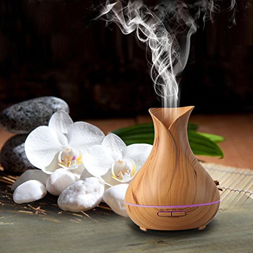 COOSA Hölzernes Getreide, 400ml Aroma wesentlicher Diffuser, kühler Ultraschall Nebel, Luftbefeuchter mit buntem hellem justierbarem Nebel, wasserloses Auto-Abschaltung für Hauptyoga Büro Badekurort (Hell) - 3