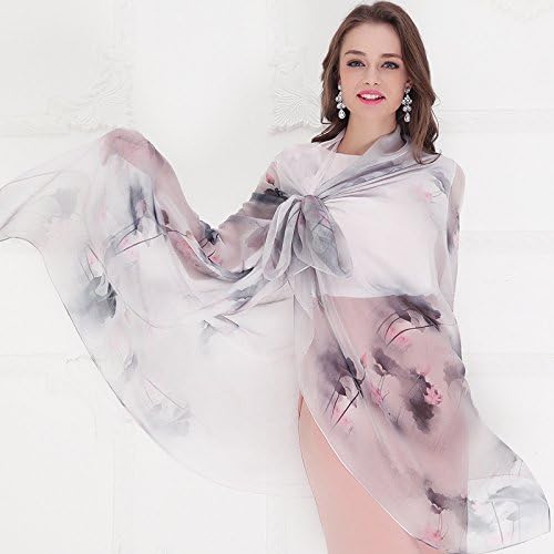 Ding Decoration Silk Scarf Woman Wild Silk Long Shawl Dual Use (110*180Cm), Elegant Lotus