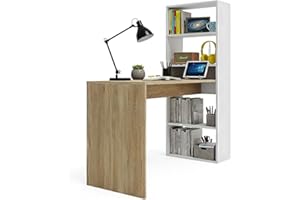 duehome | Escritorio Juvenil con Estanteria Reversible, Mesa de Ordenador, Modelo Cosmic, Acabado en Blanco Artik y Roble Canadian, Medidas: 120 cm (Largo) x 53 cm (Ancho) x 144 cm (Alto)