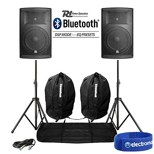 Power Dynamics Pair Active DJ Speakers PA Pro Bi-Amp System Bluetooth 12" 2800W + STANDS BAGS
