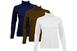 TEX LEAVES Pack 3 Camisetas de Algodón para Mujer con Cuello Alto Manga Larga