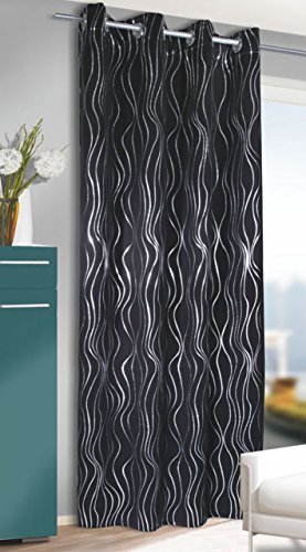 Moderne, sanft fallende Verdunkelungsgardine / Verdunkelungs - Ösenschal / Thermo - Gardine " BLACK STAR " in SCHWARZ mit wundervollen Wellenlinien in SILBER - mit Ösen - elegante Optik - Größe 135x245 cm - Blickdicht - Starke Verdunkelung - Wärmeisolierend im Winter - Kühlend im Sommer - Schallschluckend - auch in weiteren Farben erhältlich - aus dem KAMACA-SHOP