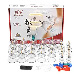 Vacuum Silicone Cupping Equipment Set, Physiotherapy Set with Vacuum Pump, Chinese Traditional Massage Attraction Therapy Cupping Glass with 32 cup, for lymphatic drainage and relaxes sore muscles