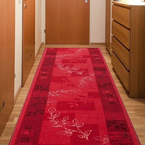 Modern Hall Runner Anti Slip Soft Beautiful Carpet Red With Flowers Pattern 67 x 50 cm (2ft2" x 1ft8")