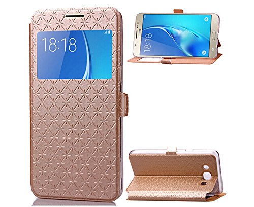 Samsung Galaxy J7 2016 (J710) Genuine Leather Case Flip Cover Case, Nnopbeclik® PU Leather Flip Case Protective Cover Shell Prints Flower Pattern Back Case Cover Wallet with STAND FUNCTION AND CARD SLOT AND CLIP View Window avec fenêtre d 'ouverture Shock Absorbing Mirror Protective Mobile Phone Case Crystal Glitter Rhinestone Flower Case Cover Bumper for Samsung Galaxy J7 2016 (J710) 5.5 Inch