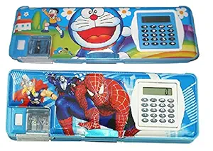 BVM GROUP Combo of 2 Magnetic Pencil Box with Calculator and Sharpener for Boys & Girls Big Size Cartoon (Doremon, Spider Man and Avenger) Printed Pencil Case Pencilbox for Kids Pack of 2