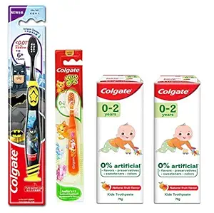 Colgate Kids Batman extra Soft with Tongue Cleaner Toothbrush | Kids 0-2 years Toothpaste for Kid 2 ? 70g (Natural Fruit Flavour 0% Artificial) | with free USB with Kids Soft Toothbrush (0-2 Years)