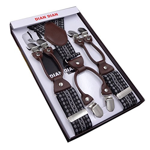 Panegy Retro Hombres Tirantes Elásticos 'Forma Y' Extra Fuerte 6 Pinzas Ajustable (3.5*115cm) Clip-on Suspenders para Pantalones - Negro&Blanco