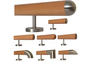 TIBU Poręcz schodowa z drewna bukowego, uchwyt, prosty uchwyt ze stali nierdzewnej, długość 30 - 500 cm, wykonana z jednego kawałka, na przykład długość 200 cm, z 3 prostymi uchwytami – końce = półokrągła