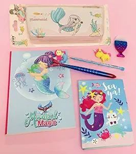 Le Delite combo including mermaid fur diary + mermaid stationary pouch ,pencil box case coin bag for girls kids +mermaid pen + mermaid eraser for kids/birthday combo for girls kids/cute stylish fur diary / sequin mermaid unicorn fur diary / mermaid water glitter pen