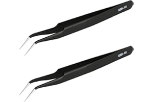 AOJE LINK-ELECTRIC Aoje-Link ESD-15 Professional Anti-Static Precision Technology Tweezers, Non-Magnetic Fine Tip Curved, Stainless Steel Plastic Coated, Full Length 120mm, Black, 2pcs