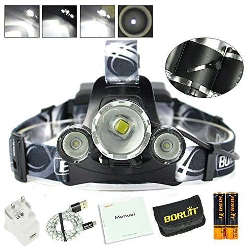 Boruit Led stirnlampe kopflampe 2016 LED-Scheinwerfer, super heller nachladbarer Hauptfackel-LED-Scheinwerfer mit 4 Modi, XM-L2 + 2XP-E LED wasserdichte Zoomable Kopf-Fackelampe für das Wandern des kampierenden kletternden das Radfahren-Fischensicherheits-Lichtes