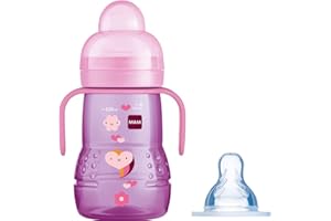 MAM Trainer+ Baby Cup | 1 Pack (1 x 220ml) | Suitable from 4+ Months for Independent Drinking | Comes with Free Fast Flow MAM Teat Size 3 | Spill-Free | Pink (Various Designs)
