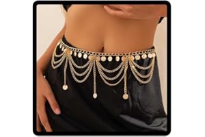 Cubahop Cadena dorada para el vientre, cadena multicapa, borla de amor, pequeñas campanas, lentejuelas, colgante de perlas, joyería para la cintura, vestido, bikini, cadena para el cuerpo para mujer