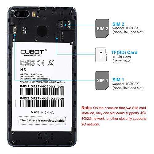 CubotÂ H3 - 4G Smartphone, Handy ohne Vertrag, 5.0 Zoll, Android 7.0, MT6737 1.3GHz Octa-Core, 3GB RAM 32GB ROM, 6000mAh, Fingerprintsensor ID, Frontkamera + Dual Back-Kamera, Dual SIM Dual Standby (Schwarz)