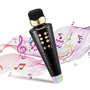 Vrjtec 2 in1 Karaoke Microphone & Bluetooth Speaker with LED Light Wireless Connection Player with Recording + USB+FM (Black)