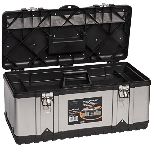 XXL Werkzeugkoffer PROFI 23 aus Edelstahl mit robustem Kunststoff-Rahmen und herausnehmbaren Werkzeugträger. Mit Metallverschlüssen, abschließbar. Maße: 58,2 x 29,8 x 25,5 cm - 2