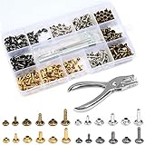 【Packungsinhalt】Praktisches Set und ausreichende Menge mit 180 Sets Doppelkappe Nieten in Gold, Silber, Rotguss und Bronze, 3 Stück Befestigungswerkzeuge, in einer Aufbewahrungsbox für die einfache Aufnahme und Lagerung.