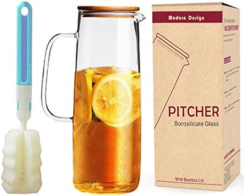 DOKEFUL Borosilicate Glass Pitcher 1.1L/38oz Water Glass Carafe with Bamboo Lid Refrigerator Storage Perfect for Homemade Juice &amp; Iced Tea