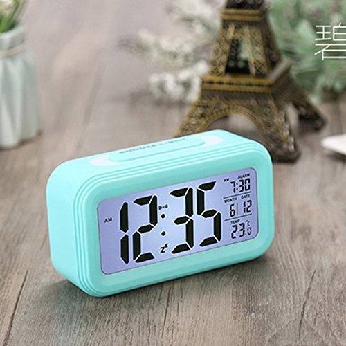 LONZOTH Smart LED-Digital-Wecker, Snooze 5 Minuten, bald aufhören Alarmknöpfe, mit Datum, Temperatur- und Lichtsensor (Blau) - 4