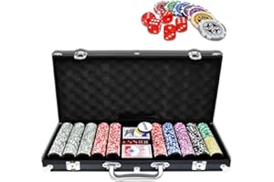 YUENFONG Zestaw do pokera, czarny z 500 wysokiej jakości laserowymi żetonami do pokera, w zestawie 2 talie, 1 przycisk krupiera, 5 kostek, 2 klucze, na imprezę, podróż, do gry