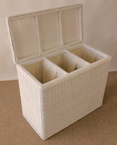 Rattan Wäschesortierer , Wäschekorb 3 Fächer Einteilung , Fb . Weiß Lackiert ! - 2