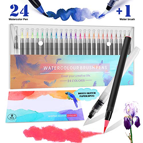 RATEL Rotuladores Acuarelables incluye 24 plumas de pincel de acuarela con punta de pincel de nylon flexible, 1 pluma de pincel de agua, 1 almohadilla de acuarela para libros