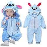 Greetuny Bébés Barboteuse Cartoon Stitch Hiver Chaud Flanelle à Capuche Zip Combinaison Pyjama,Bleu, 2-3 ans (110)