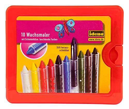Idena 621677 – Wachsmalstifte mit Schiebehülse, wasserfest, 10er Kunststoffbox, sortiert - 3