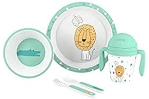 Juego de Vajilla Bebe Interbaby | Set Vajilla Infantil 5 Piezas Plato Llano, Bo, Cuchara, Tenedor y Vaso Antigoteo Aprendizaje | Apta para Microondas y Lavavajillas, Mayores de 6 Meses