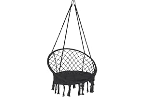 VOUNOT® Silla Colgante Exterior con Flecos, Hamaca con Conjín Redondo, Ø80cm Silla Columpio para Interior y Exterior, Negro
