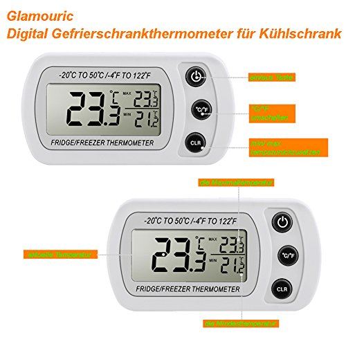 Digital Kühlschrank Thermometer,Glamouric Gefrierschrankthermometer Kühlschrank LCD Digital thermometer für Tiefkühltruhe Gefrierschrank Kühl Temperatur Monitor Wasserdicht mit Haken Weiß - 5