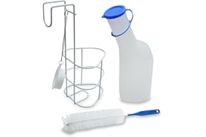 EMYU Set Urinflasche für Männer (1000 ml), Halterung, Bürste für Männer | 1 Liter | 3 Teile | PP- Urinflasche mit Deckel milchig, Reinigungsbürste, Betthalter/Urinflaschenhalter mit Deckel inkl. Kette