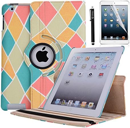 iPad 2 Case, iPad 3 Case, iPad 4 Case, AiSMei Rotating Stand Case Cover with Wake Up/Sleep For Apple iPad 2, iPad 3, iPad 4 [ 9.7-Inch iPad Released before 2013 ] [Bonus Film+Stylus] -Mix Color 1