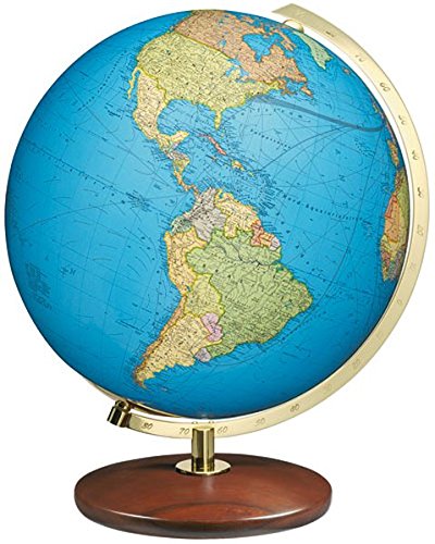 Columbus Duo Leuchtglobus: 51 cm Durchmesser. Mundgeblasene Kristallglaskugel, traditionell handkaschiertes Kartenbild Edelholzfuß Nußbaum, Metallmeridian Messingausführung, einseitig gradiert, OID-Code