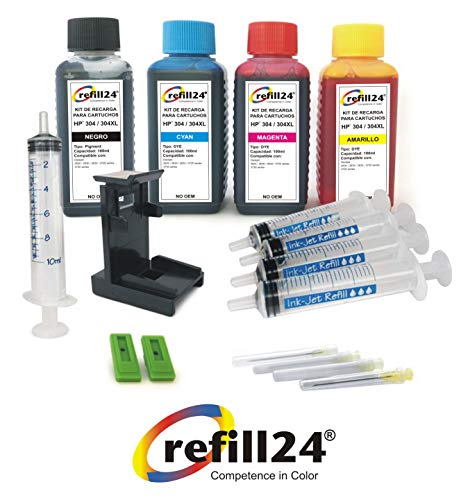Kit de Recarga para Cartuchos de Tinta HP 304, 304 XL Negro y Color, Incluye Clip y Accesorios + 400 ML Tinta