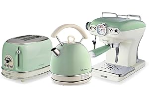 Ariete ARPK17 Retro Style Dome Kettle, 2 Slice Toaster and Espresso Machine Set, Vintage Design, Green