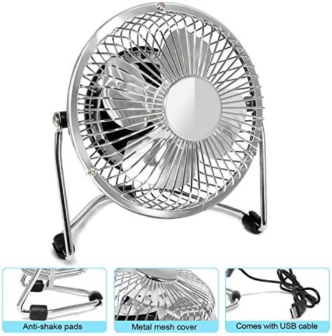 Glamouric USB Mini Desktop Fan, Small Quiet 4 Inch Metal Blade Desk Cooling Fan with 360 Degree Rotation for Home Office (Silver)