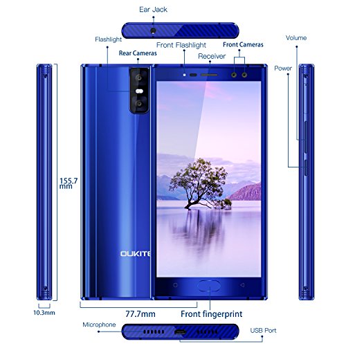 Oukitel K3 4 Kameras Handy Ohne Vertrag 6000mAh Akku 5.5 Zoll Touch-Display 1920*1080pixel Double (16MP+2MP) 64GB Interner Speicher 4GB Ram Octa Core 4G Dual SIM Smartphone Fingerabdruck-Blau
