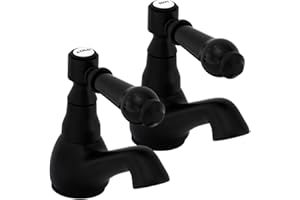 Matte Black Basin Taps Pair, HEXMIXER Victorian Bathroom Sink Taps, 1/4 Turn Brass Traditional Basin Pillar Taps G1/2 UK Standard Install Size 154BK