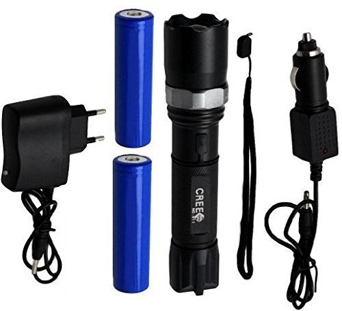 ORA-TEC Swat Cree LED WL7 Taschenlampe mit 2 Akkus + inkl. Ladegerät und Zoomfunktion (Schwarz)