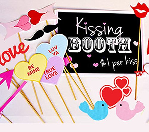 Veewon Neue Mode Hochzeit Foto Booth Requisiten Hochzeitsfeier Fotografie Stütze Photobooth 32pcs Lustiger Schnurrbart, Frau, Rosen-Blumen, Liebes-Herz, Gläser, Hüte - 4