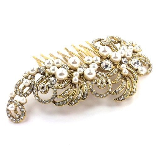 Bride Boutique Bridal Wedding Vintage Style Gold Crystal & Pearl Cluster Hair Slide Side Comb